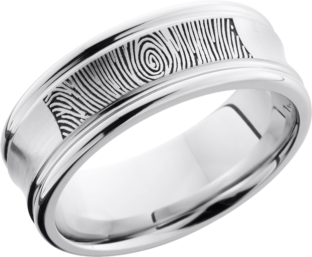 Cobalt chrome 8mm concave band with rounded edges and a laser-carved fingerprint