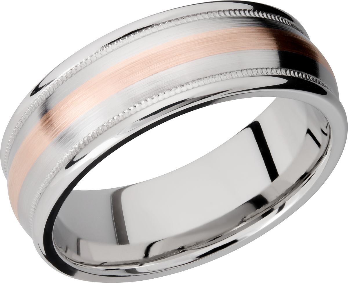 cobalt chrome 8mm domed band with rounded edges and 14k rose gold inlays in reverse milgrain