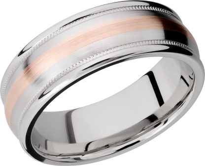 Cobalt chrome 8mm domed band with rounded edges and 14K rose gold inlays in reverse milgrain