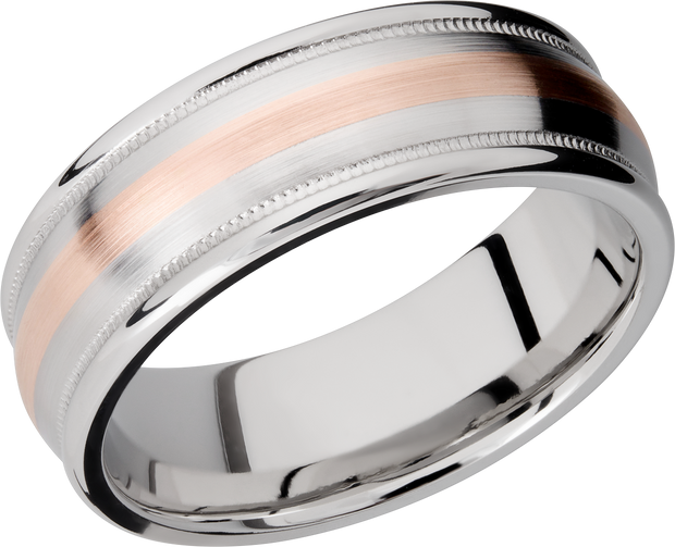 Cobalt chrome 8mm domed band with rounded edges and 14K rose gold inlays in reverse milgrain