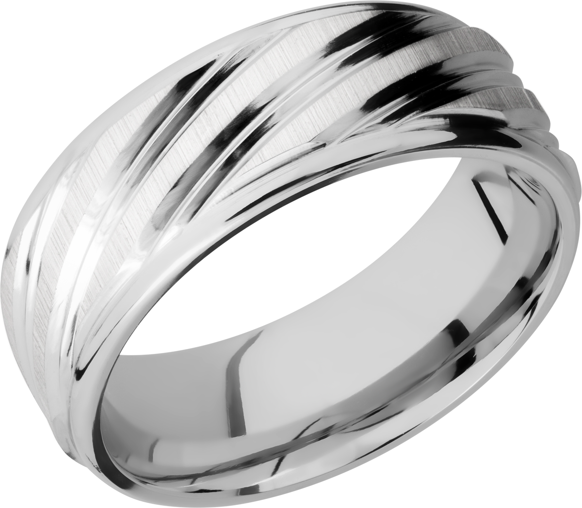 cobalt chrome 8mm flat band with rounded edges and a laser-carved stripe pattern