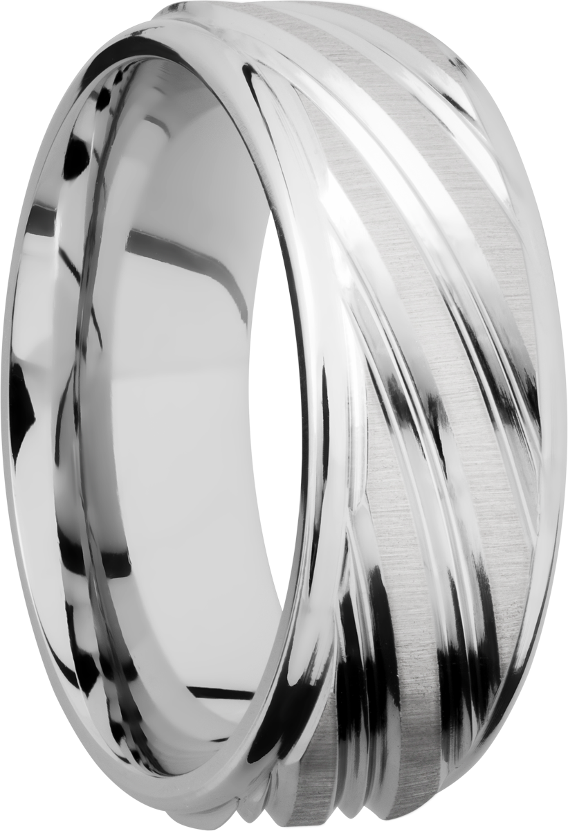 cobalt chrome 8mm flat band with rounded edges and a laser-carved stripe pattern