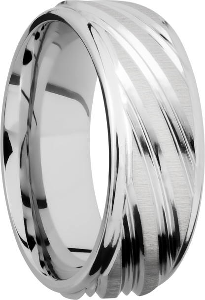 Cobalt chrome 8mm flat band with rounded edges and a laser-carved stripe pattern