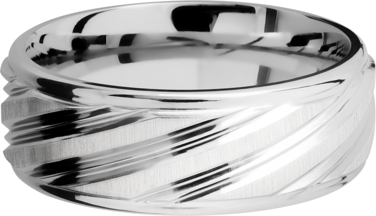 cobalt chrome 8mm flat band with rounded edges and a laser-carved stripe pattern