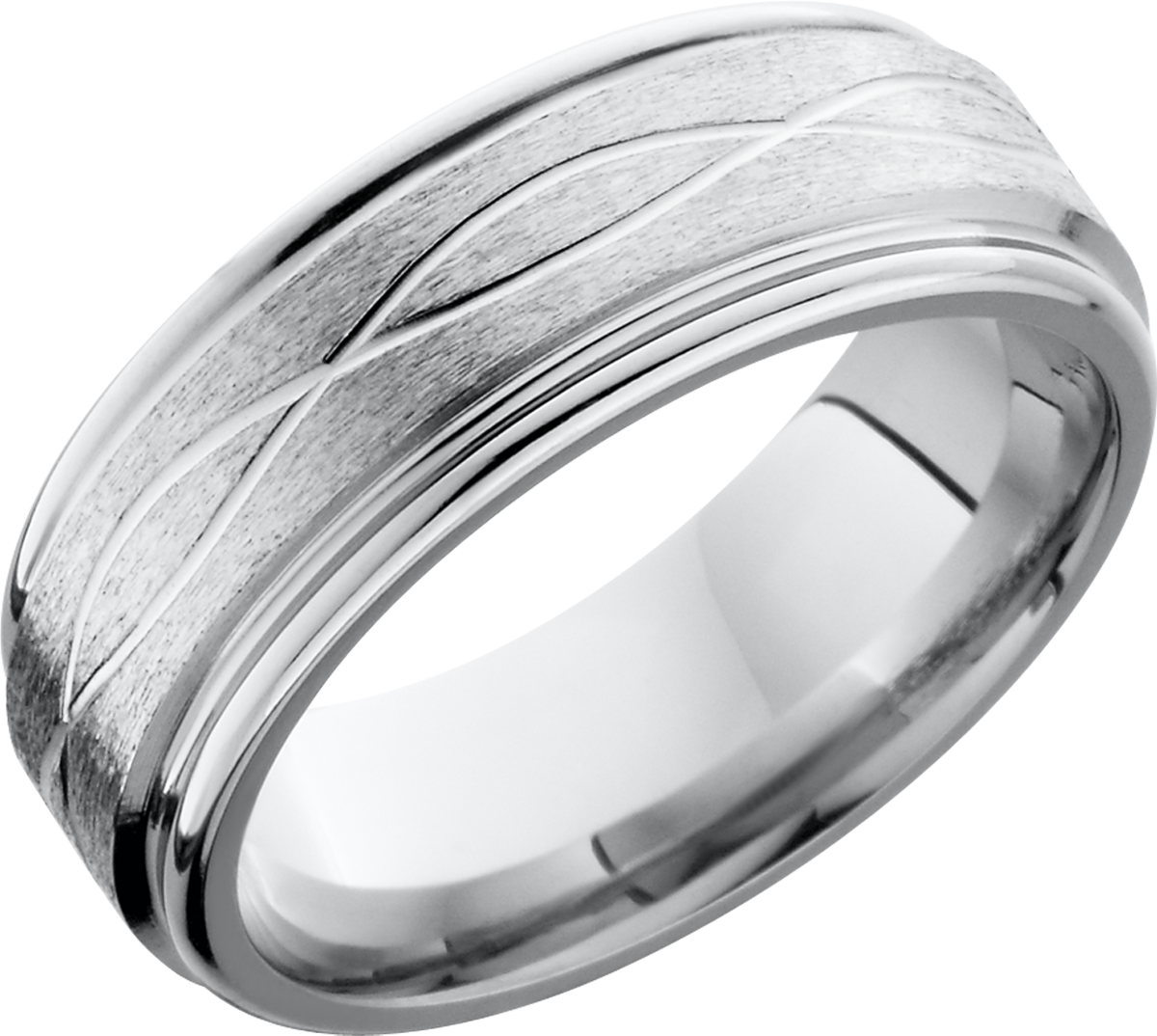 cobalt chrome 8mm flat band with rounded edges and a laser-carved infinity pattern