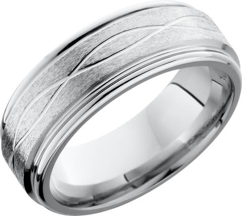 Cobalt chrome 8mm flat band with rounded edges and a laser-carved infinity pattern