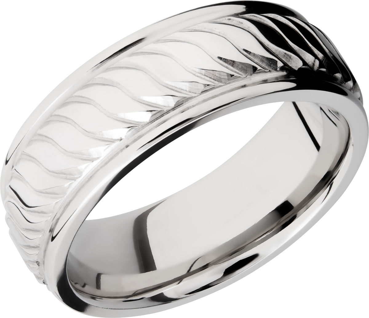 cobalt chrome 8mm flat band with rounded edges and a laser-carved twist pattern