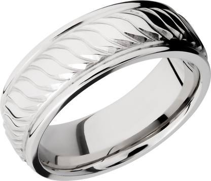 Cobalt chrome 8mm flat band with rounded edges and a laser-carved twist pattern