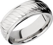 Cobalt chrome 8mm flat band with rounded edges and a laser-carved twist pattern