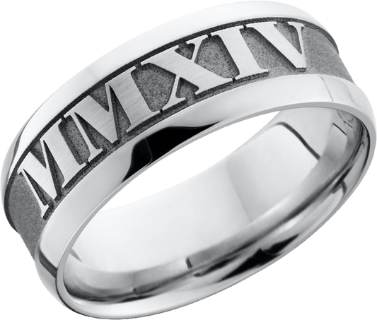 Cobalt chrome 8mm band with a reverse laser-carving of roman numerals