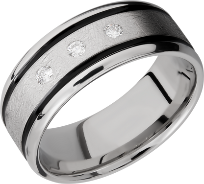 Cobalt chrome 9mm beveled band with black Cerakote in grooves and 3, .05ct flush-set diamonds