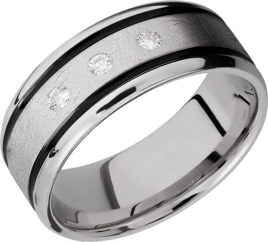 Cobalt chrome 9mm beveled band with black Cerakote in grooves and 3, .05ct flush-set diamonds