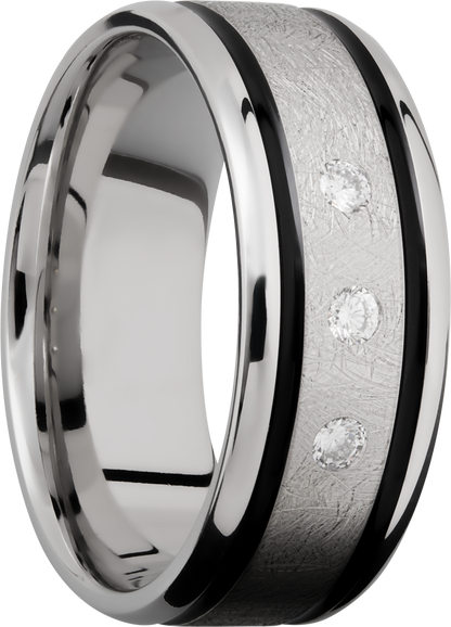 Cobalt chrome 9mm beveled band with black Cerakote in grooves and 3, .05ct flush-set diamonds