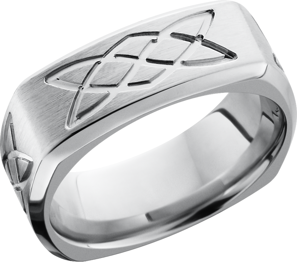 cobalt chrome 9mm domed square band with a laser-carved lovers knot pattern