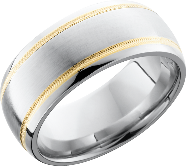 Cobalt chrome 9mm domed band with 2, 1mm inlays of 14K yellow gold in reverse milgrain