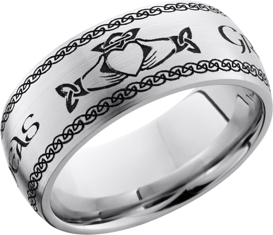 Cobalt chrome 9mm domed band with a laser-carved Claddagh pattern