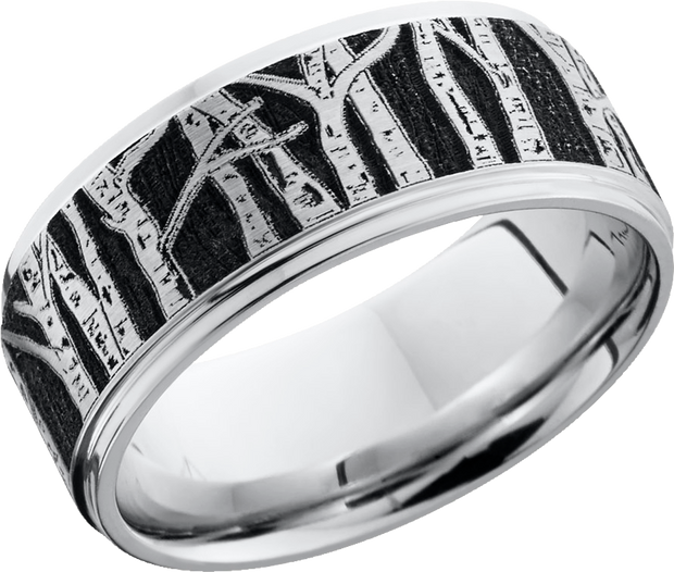 Cobalt chrome 9mm flat band with grooved edges featuring a laser-carved aspen treeline pattern