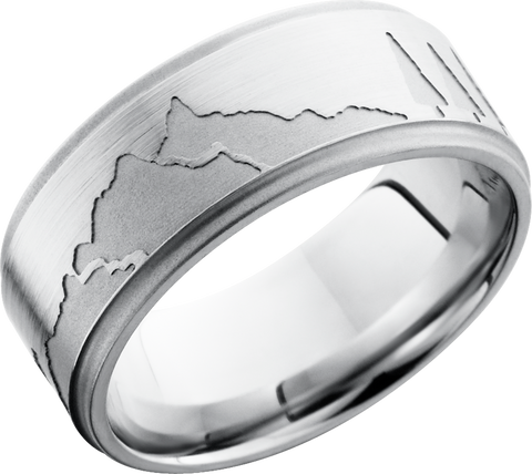 Cobalt chrome 9mm flat band with grooved edges featuring a mountain skyline