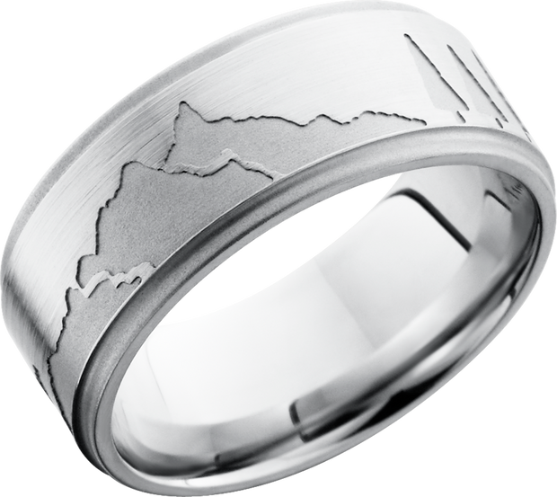 Cobalt chrome 9mm flat band with grooved edges featuring a mountain skyline