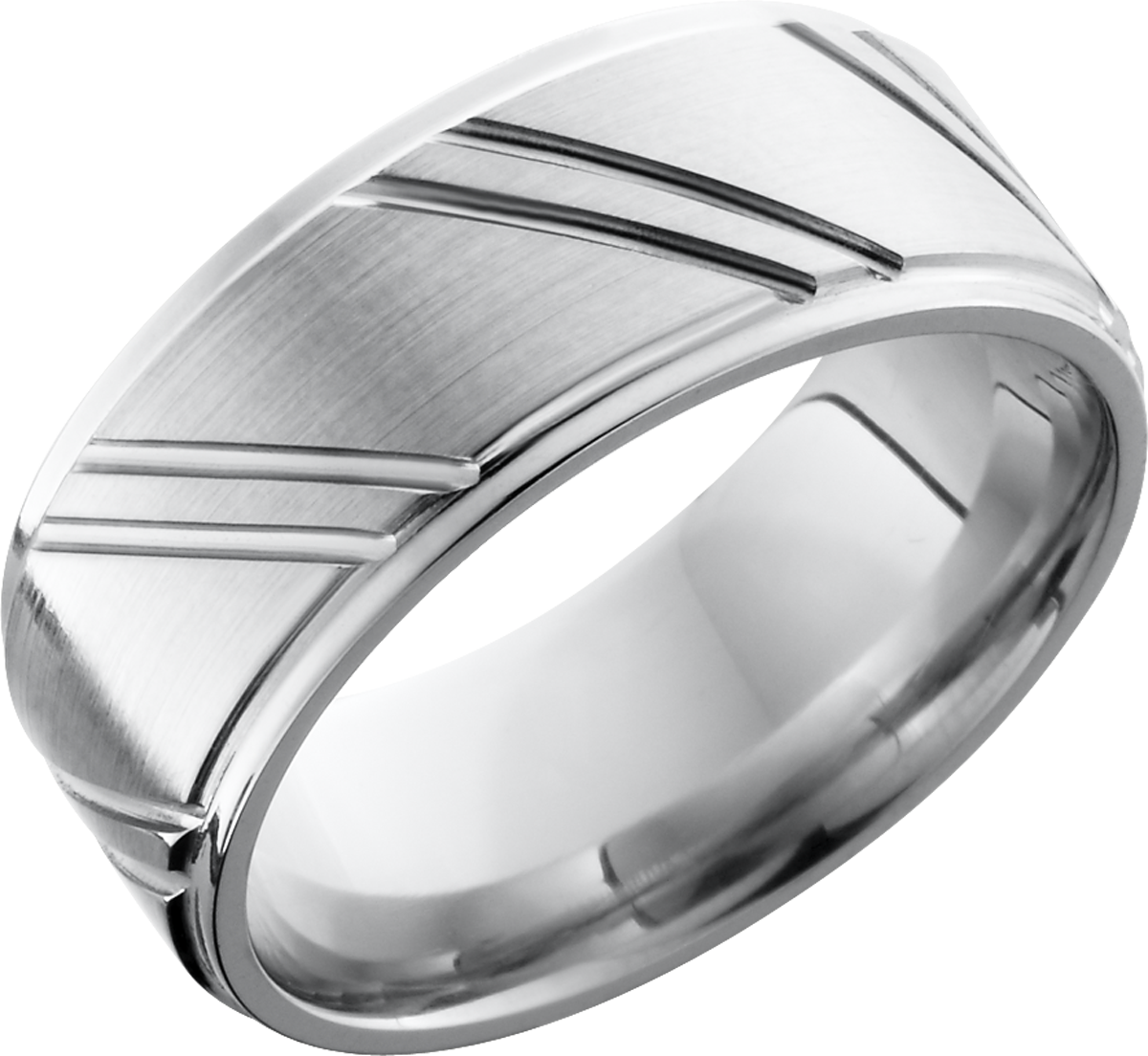 cobalt chrome 9mm flat band with grooved edges and laser-carved stripes