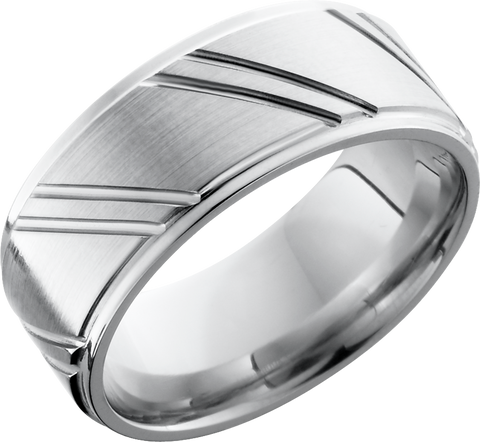 Cobalt chrome 9mm flat band with grooved edges and laser-carved stripes
