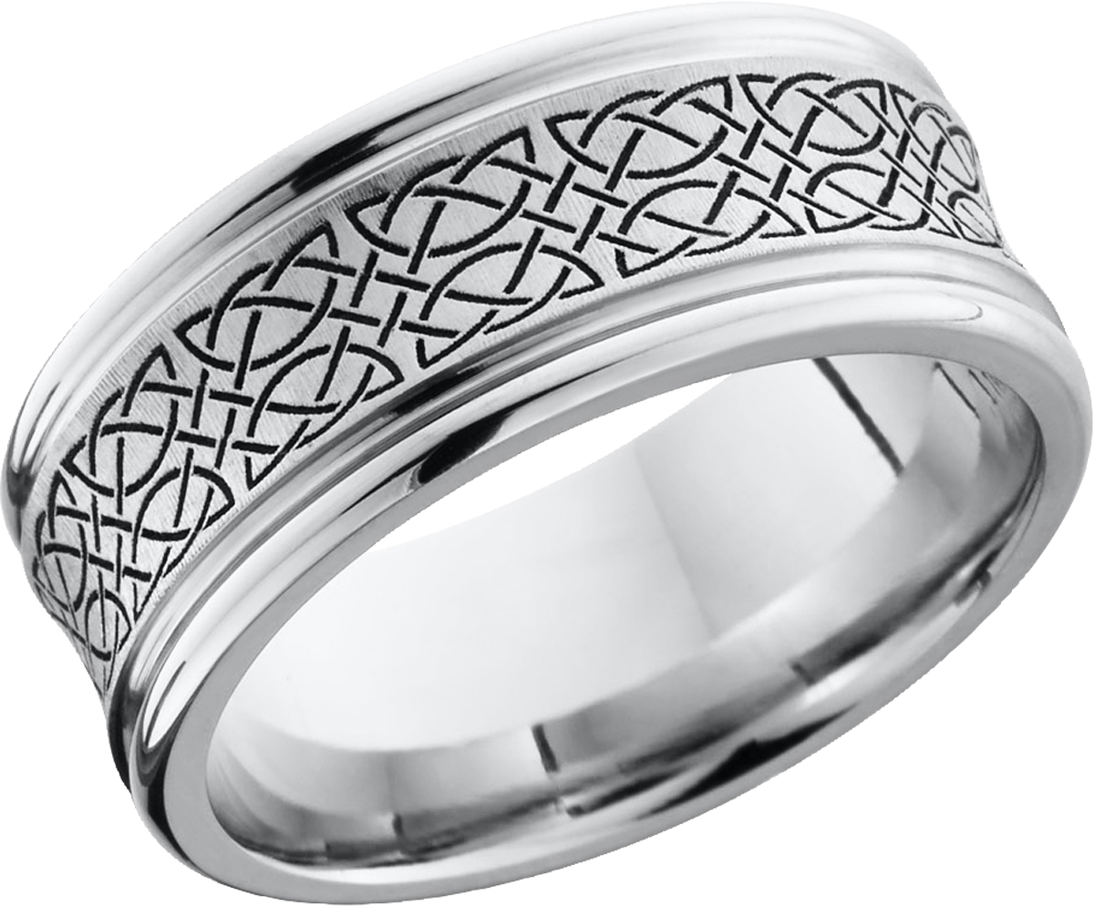 cobalt chrome 9mm concave band with rounded edges and a laser-carved celtic pattern