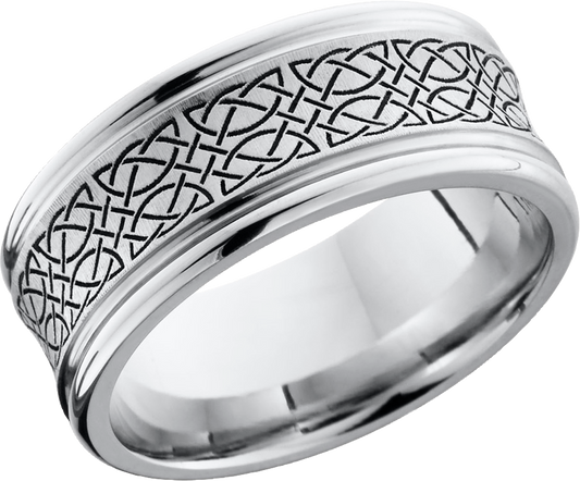 Cobalt chrome 9mm concave band with rounded edges and a laser-carved Celtic pattern