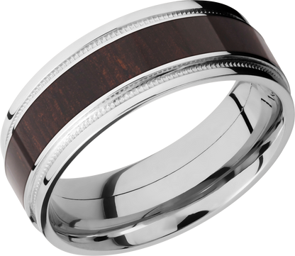 Cobalt chrome 8mm flat band with grooved edges, reverse milgrain detail and an inlay of Wenge hardwood