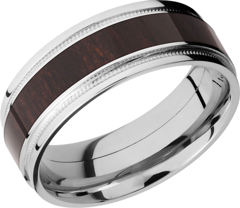 Cobalt chrome 8mm flat band with grooved edges, reverse milgrain detail and an inlay of Wenge hardwood