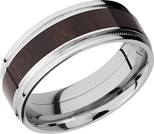 Cobalt chrome 8mm flat band with grooved edges, reverse milgrain detail and an inlay of Wenge hardwood