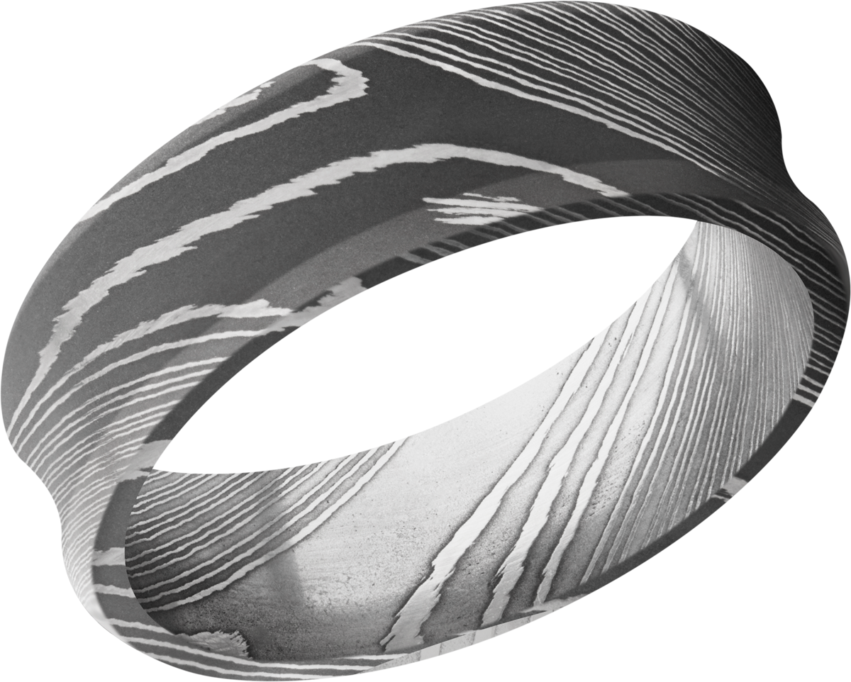 handmade 7mm damascus steel beveled band with a concave center