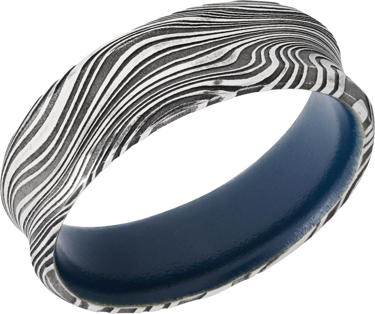 marble damascus steel 7mm concave band with beveled edges and a sky blue cerakote sleeve