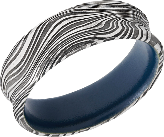 Marble Damascus steel 7mm concave band with beveled edges and a Sky Blue Cerakote sleeve