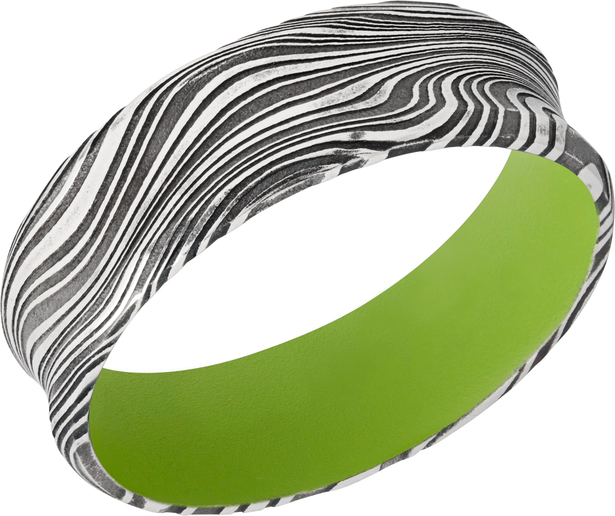 marble damascus steel 7mm concave band with beveled edges and a zombie green cerakote sleeve