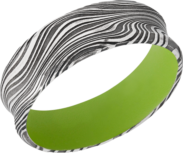 Marble Damascus steel 7mm concave band with beveled edges and a Zombie Green Cerakote sleeve