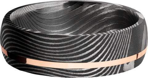 Handmade 7mm flattwist Damascus steel band with an off center inlay of 14K rose gold