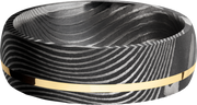 Handmade 7mm flattwist Damascus steel band with an off center inlay of 14K yellow  gold