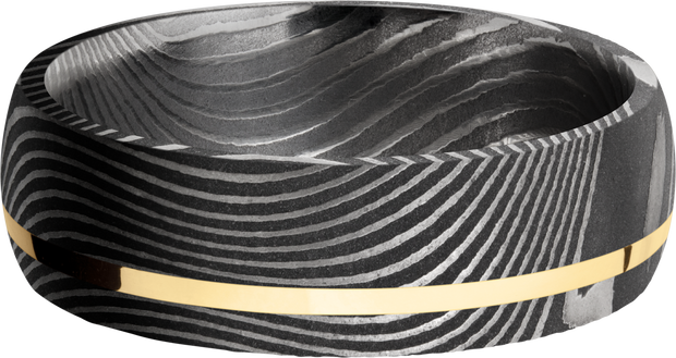 Handmade 7mm flattwist Damascus steel band with an off center inlay of 14K yellow  gold