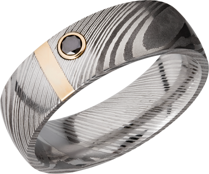 Handmade 7mm zebra Damascus steel band with a vertical inlay of 14K yellow gold and bezel-set black diamond