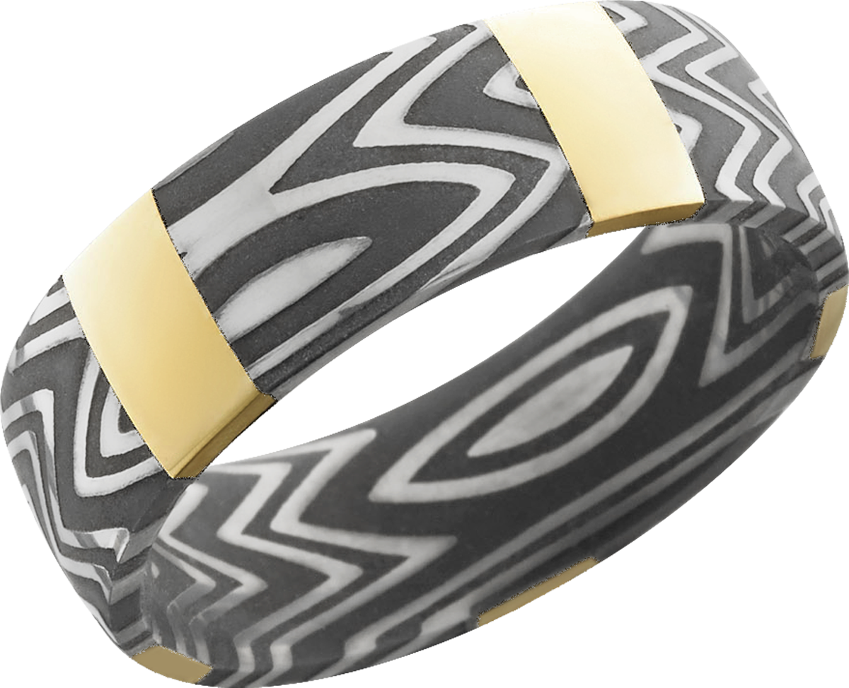 handmade 7mm zebra damascus steel band with 5 vertical inlays of 14k yellow gold