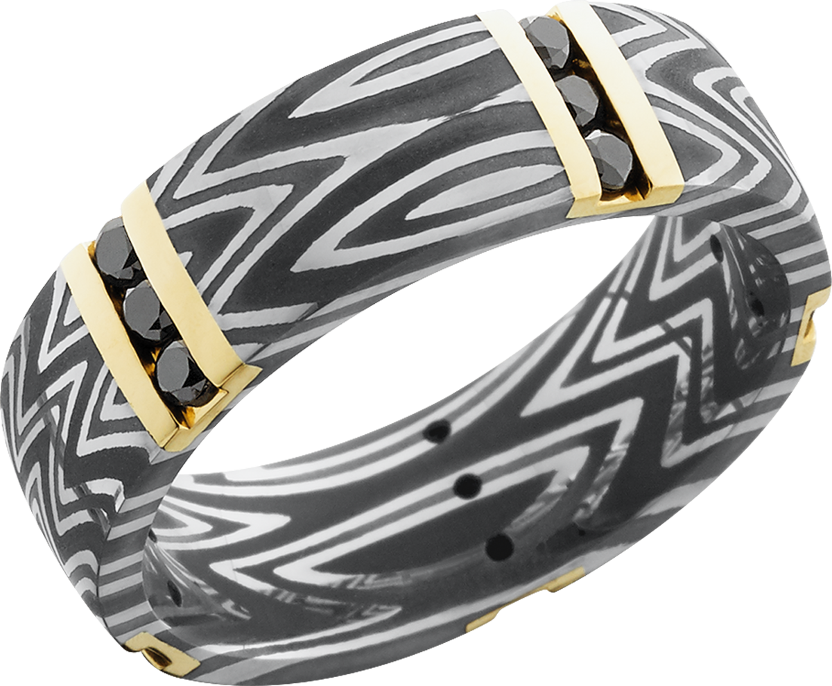 handmade 7mm zebra damascus steel band with 5 vertical inlays of 14k yellow gold and 15, .04ct channel-set black diamonds