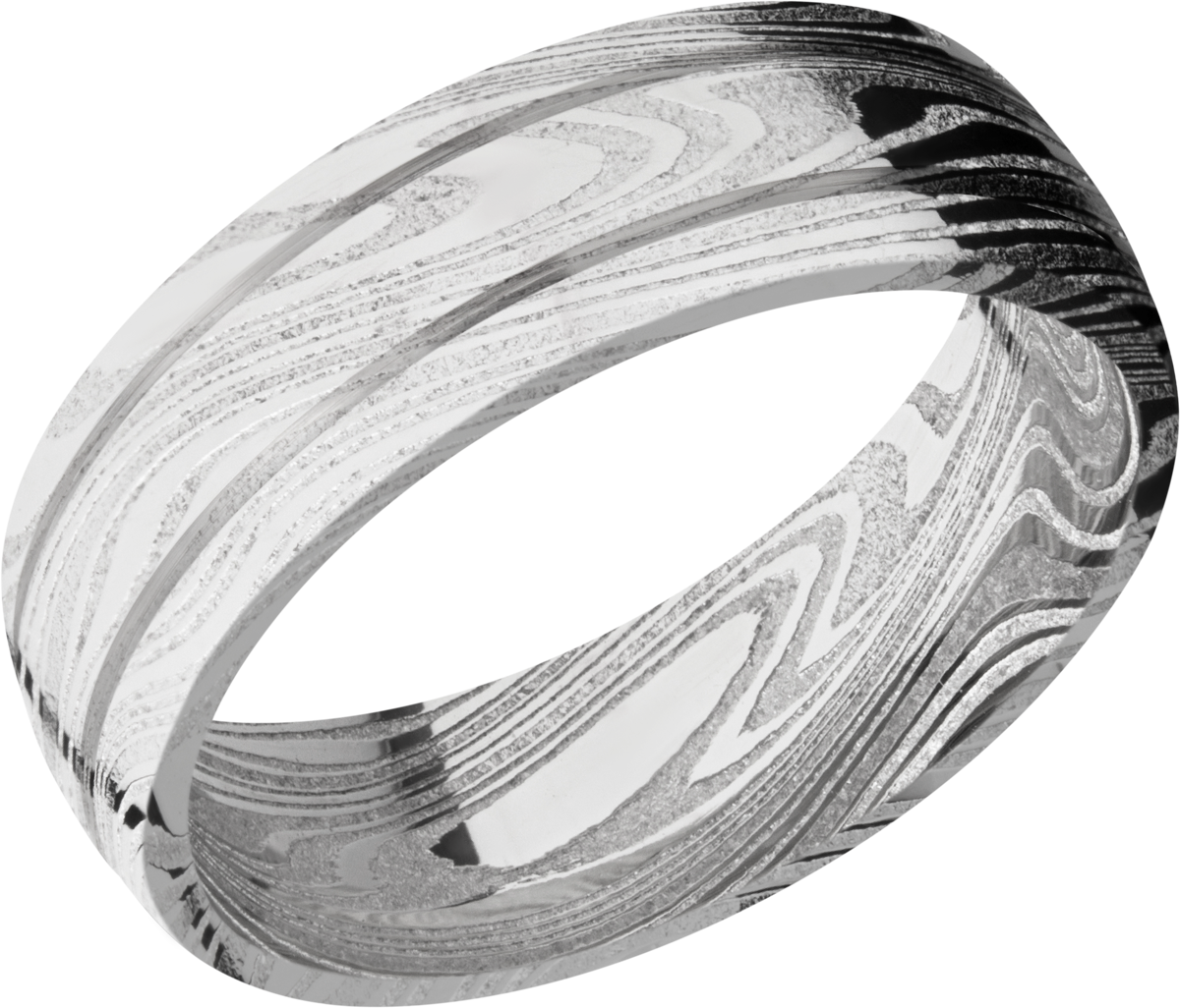 handmade 7mm marble damascus steel domed band with 2, .5mm grooves