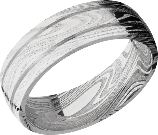 Handmade 7mm marble Damascus steel domed band with 2, .5mm grooves