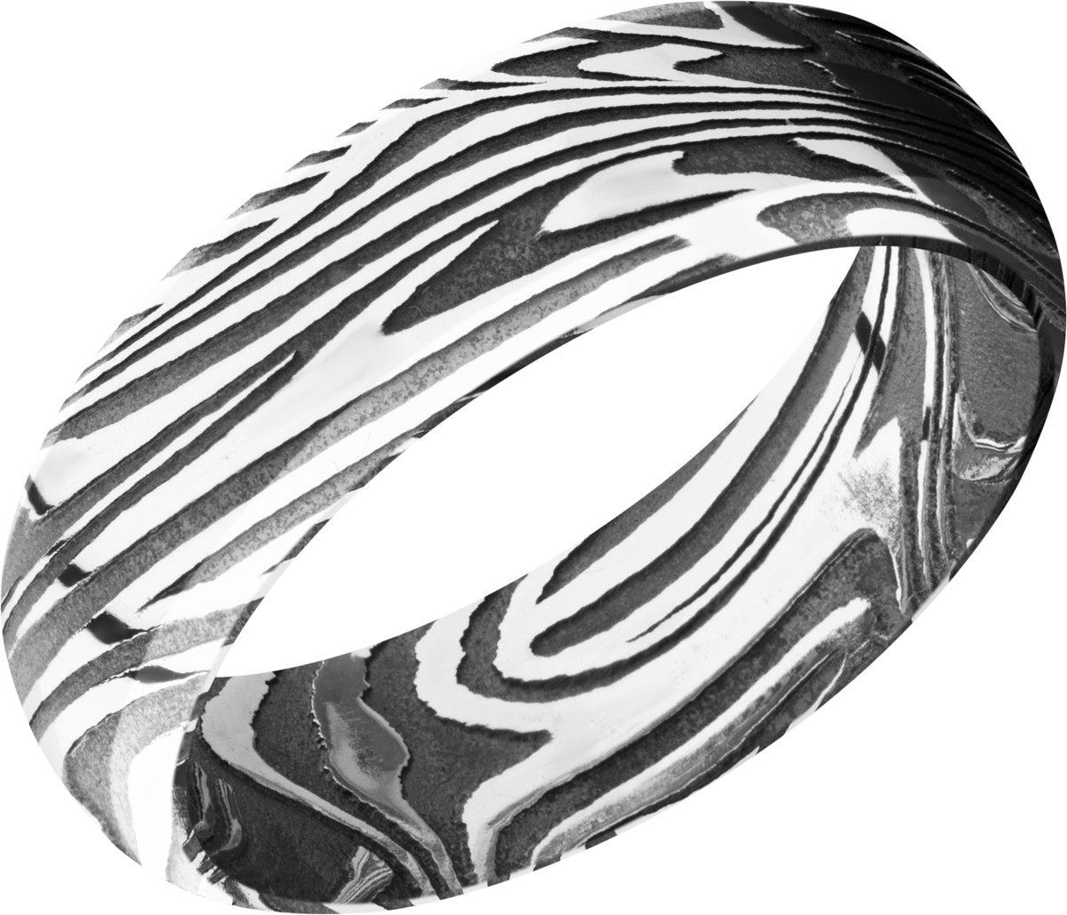 handmade 7mm sunset damascus steel domed band with beveled edges