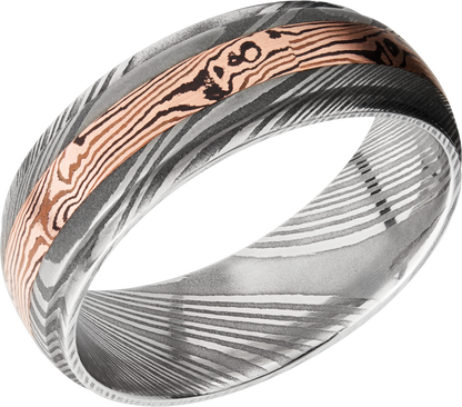 Handmade 7mm Damascus steel band featuring an inlay of Mokume Gane