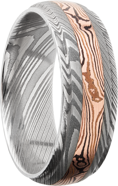 Handmade 7mm Damascus steel band featuring an inlay of Mokume Gane