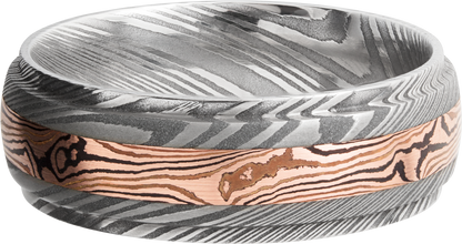 Handmade 7mm Damascus steel band featuring an inlay of Mokume Gane