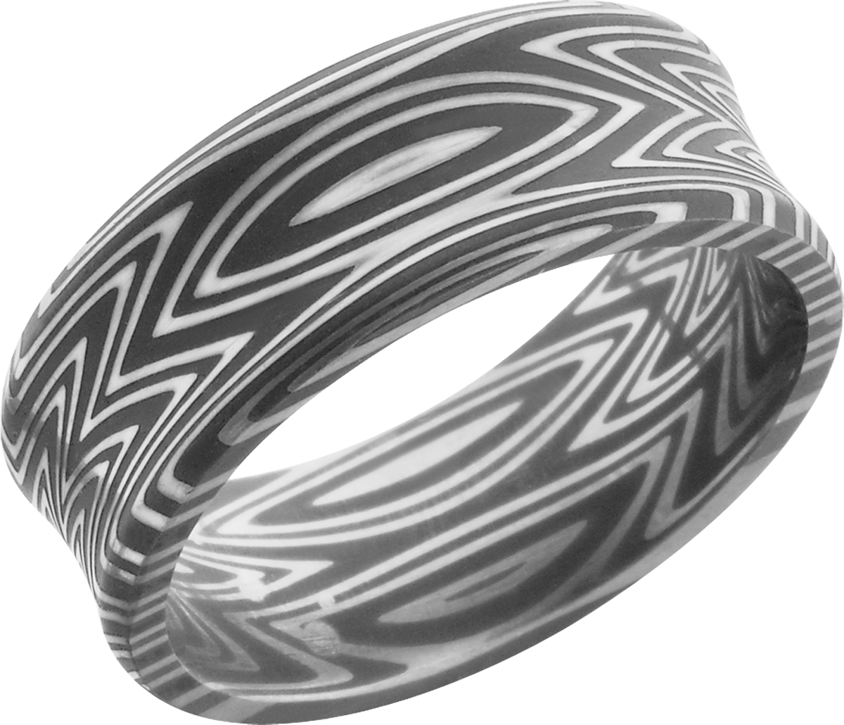 handmade 8mm zebra damascus steel band with a concave center and beveled edges