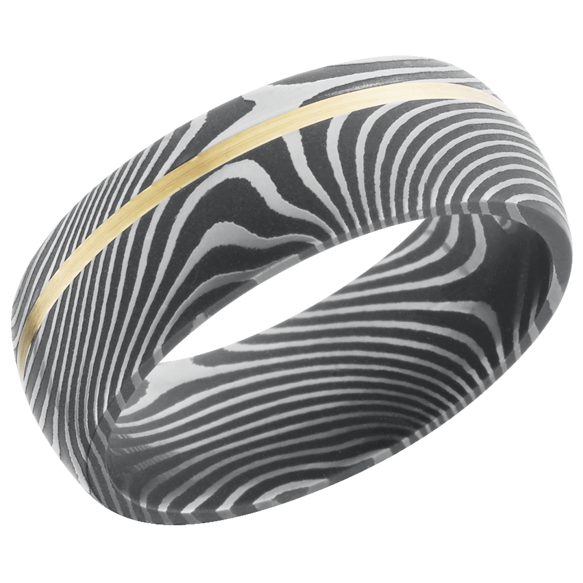 handmade 8mm flattwist damascus steel band with an off center inlay of 14k yellow gold