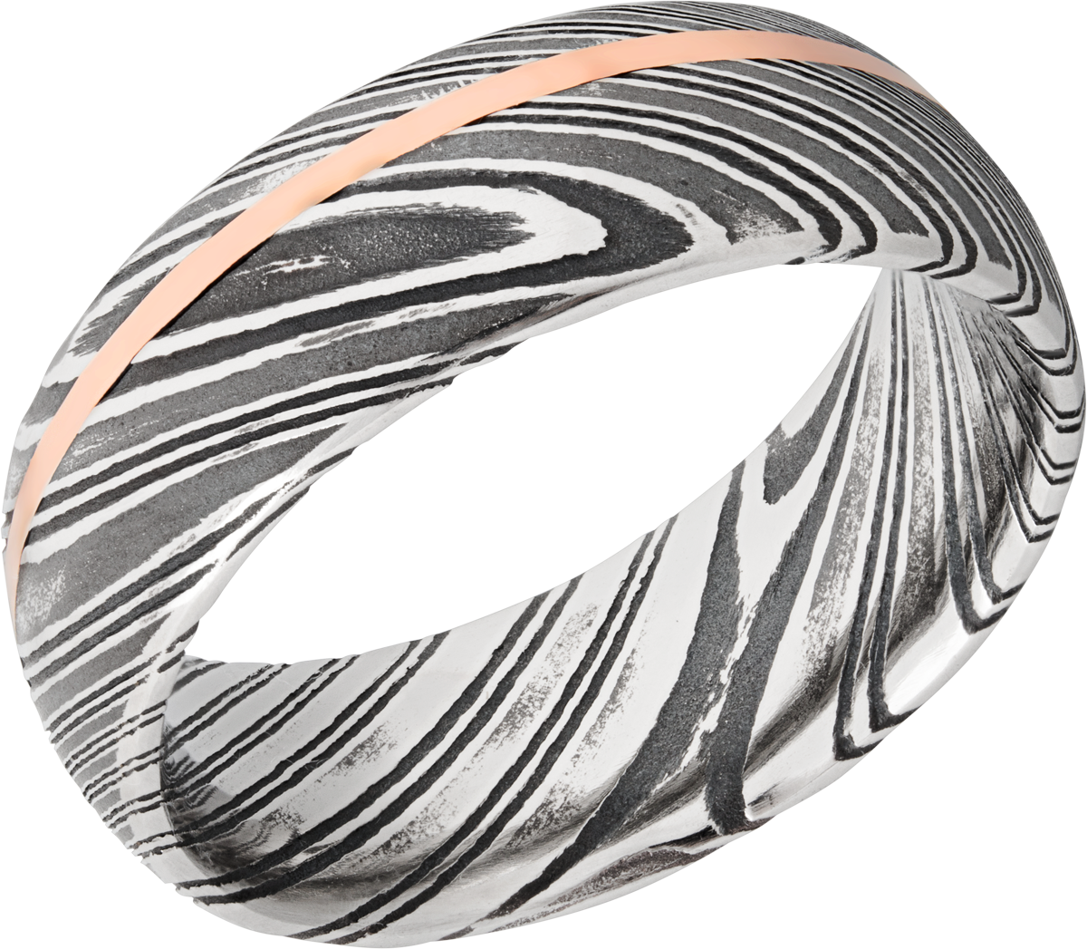 handmade 8mm woodgrain damascus steel band with an off center inlay of 14k rose gold